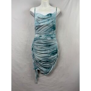 Just Found Bodycon Mesh Mini Dress Womens Small Teal Ruched Floral Cowl Neck